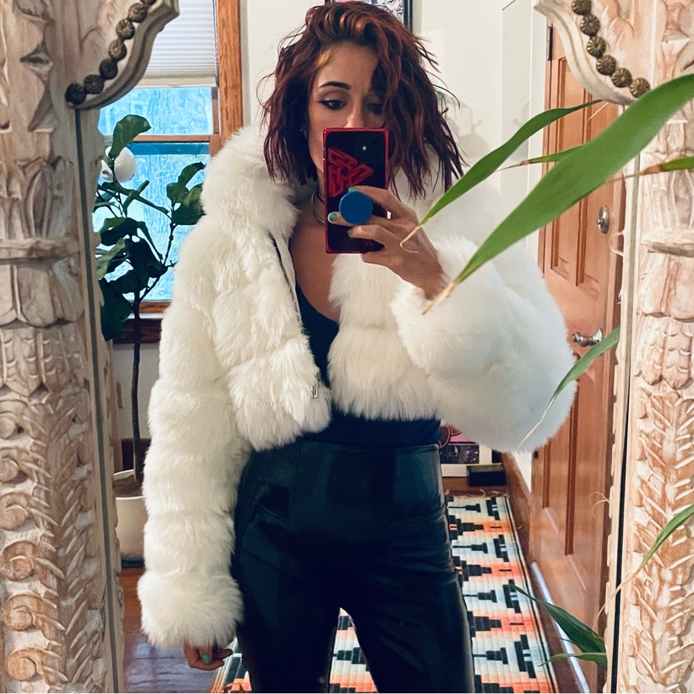 white faux fur cropped coat